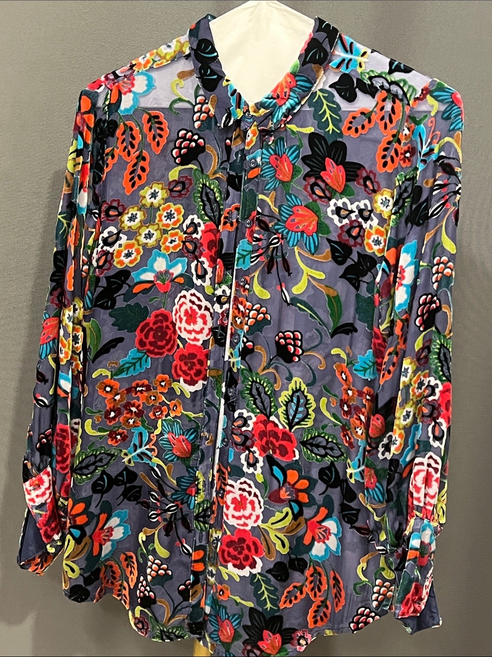 Johnny Was Multicolor Floral Button-Down Shirt — Purple Base